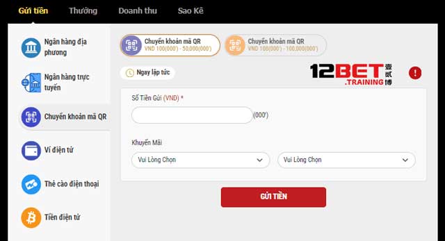 Cách nạp tiền 12Bet hiện đại bằng mã QR