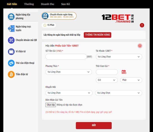 Cách nạp tiền 12Bet qua ngân hàng địa phương siêu dễ, siêu nhanh