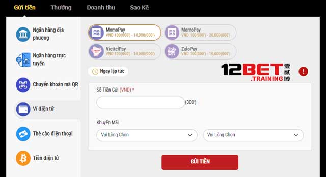 Cách nạp tiền vào 12Bet bằng ví điện tử đơn giản trong vài bước